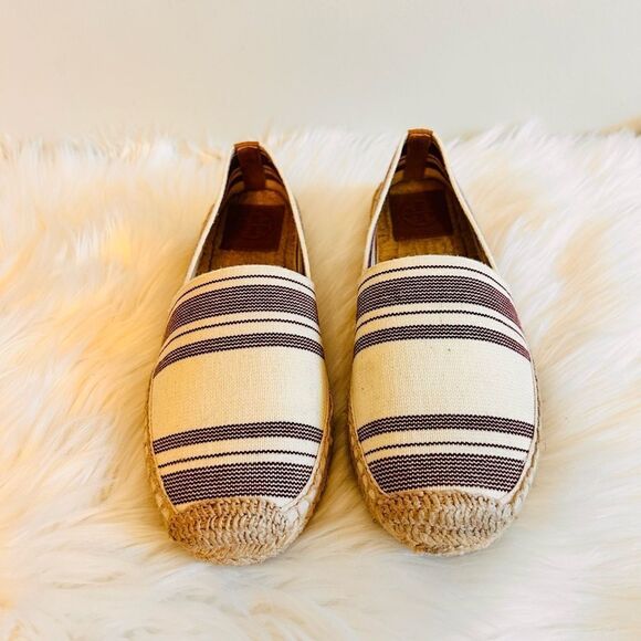Tory Burch Striped Ivory, Plum, Tan Elastic Espadrilles Flats! ❤️ - Picture 4 of 9